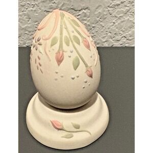 Vintage Used Ceramic Egg Figurine Pink Flowers Pink Ribbon w/Stand